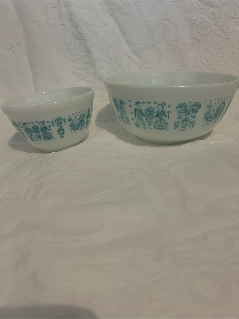 Vintage Pyrex 2 pc White Milk Glass Decorative Bowl with Teal amish butterprint
